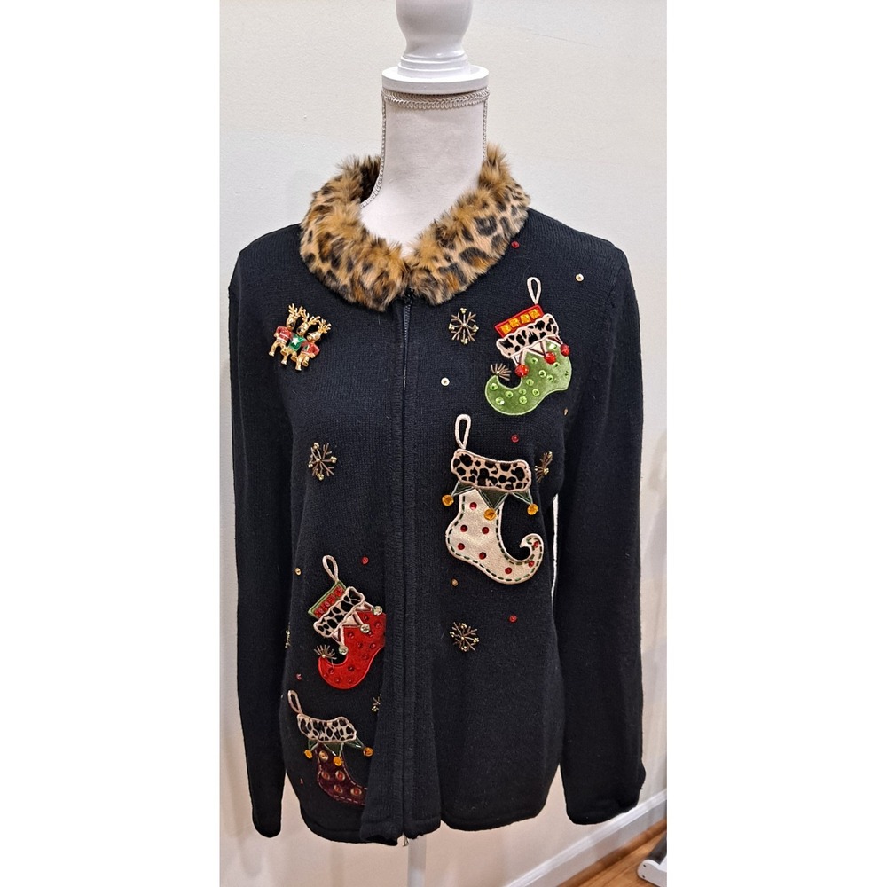 Tiara International Christmas Collection Cardigan Sweater L Ugly Faux Fur Collar